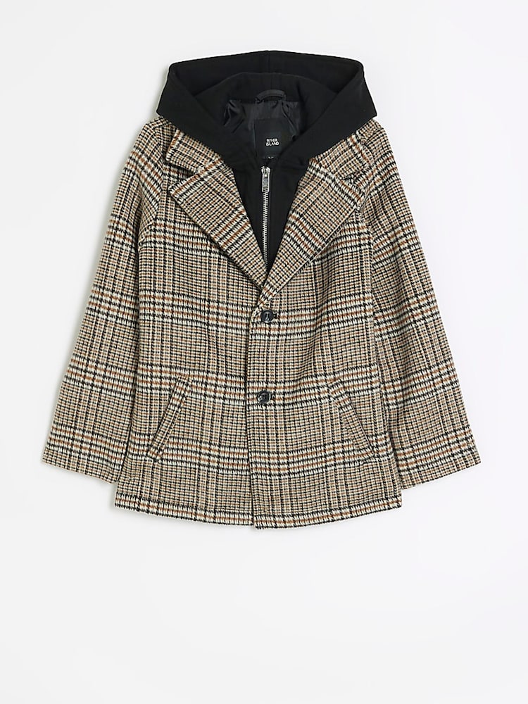 River Island Cream Boys Check Hooded Hybrid Coat - Image 1 of 4 River Island Cream Boys Check Hooded Hybrid Coat - Image 1 of 4