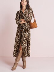 Animal Print Belted Long Sleeve Button Through Shirt Dress - Image 1 of 4