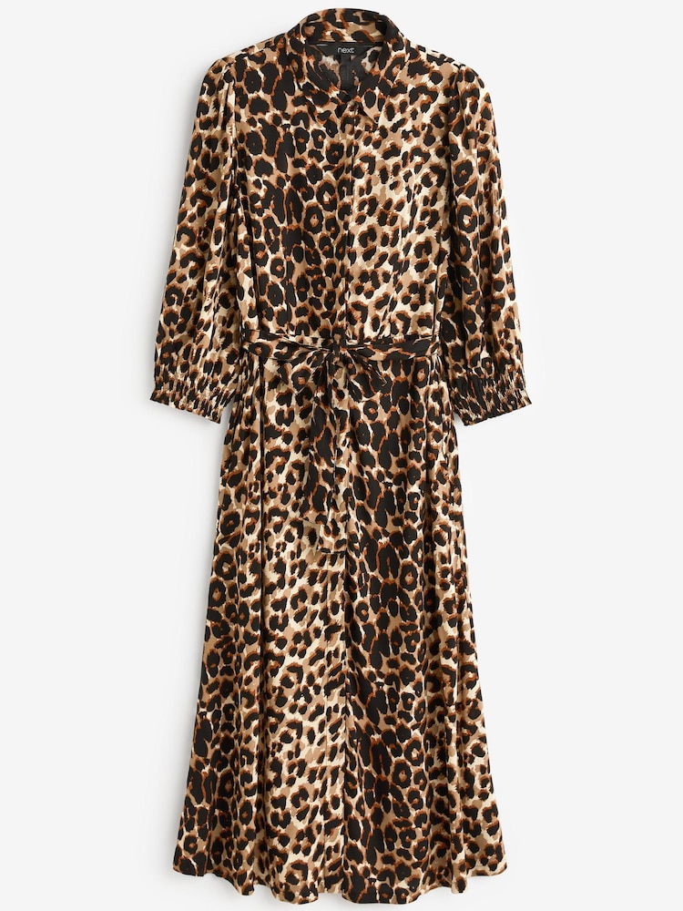 Animal Print Belted Long Sleeve Button Through Shirt Dress - Image 4 of 4
