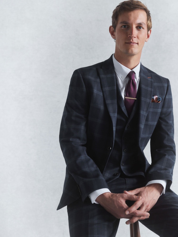 Navy Blue Slim Fit Flannel Check Suit Jacket - Image 1 of 13