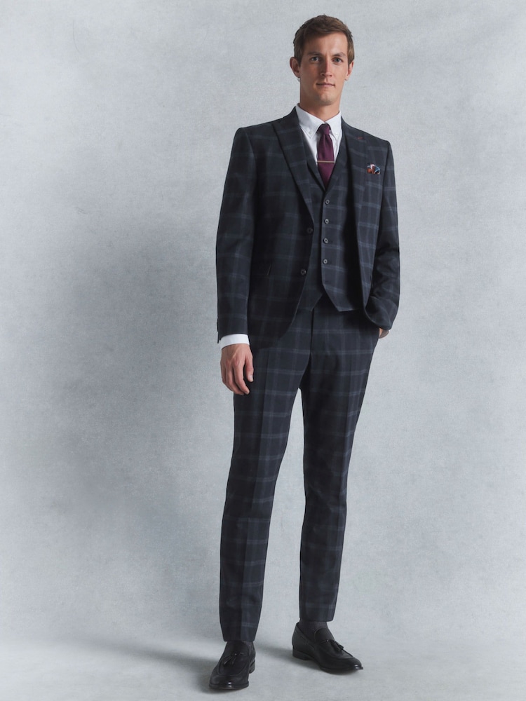 Navy Blue Slim Fit Flannel Check Suit Jacket - Image 2 of 13