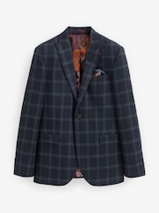 Navy Blue Slim Fit Flannel Check Suit Jacket - Image 7 of 13