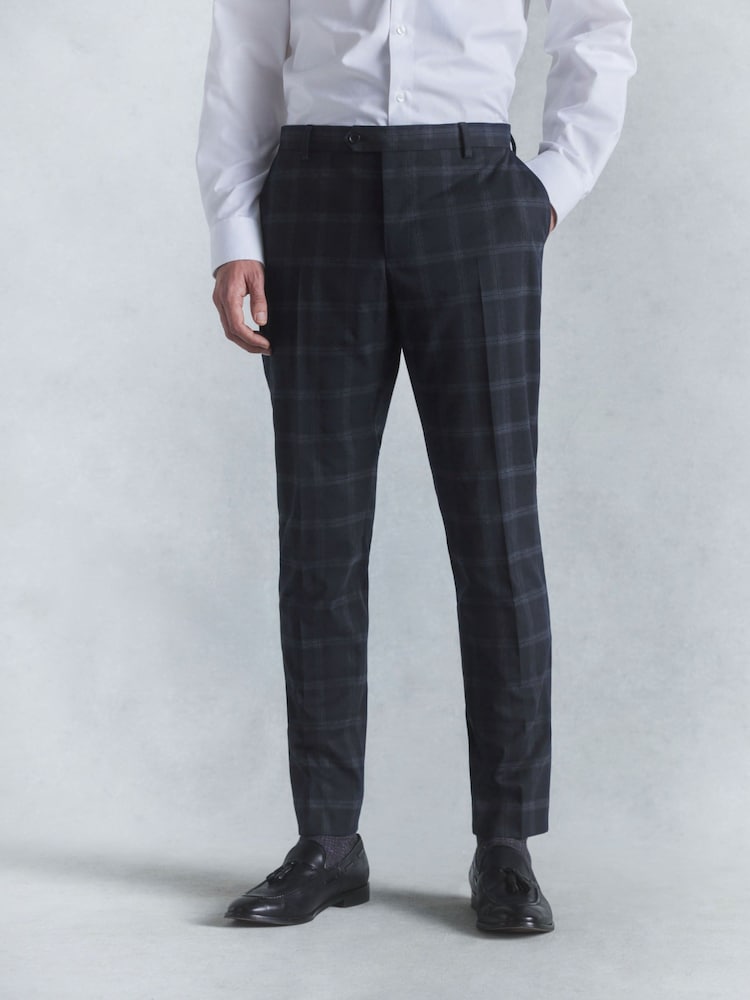Navy Blue Slim Fit Check Suit: Trousers - Image 1 of 6