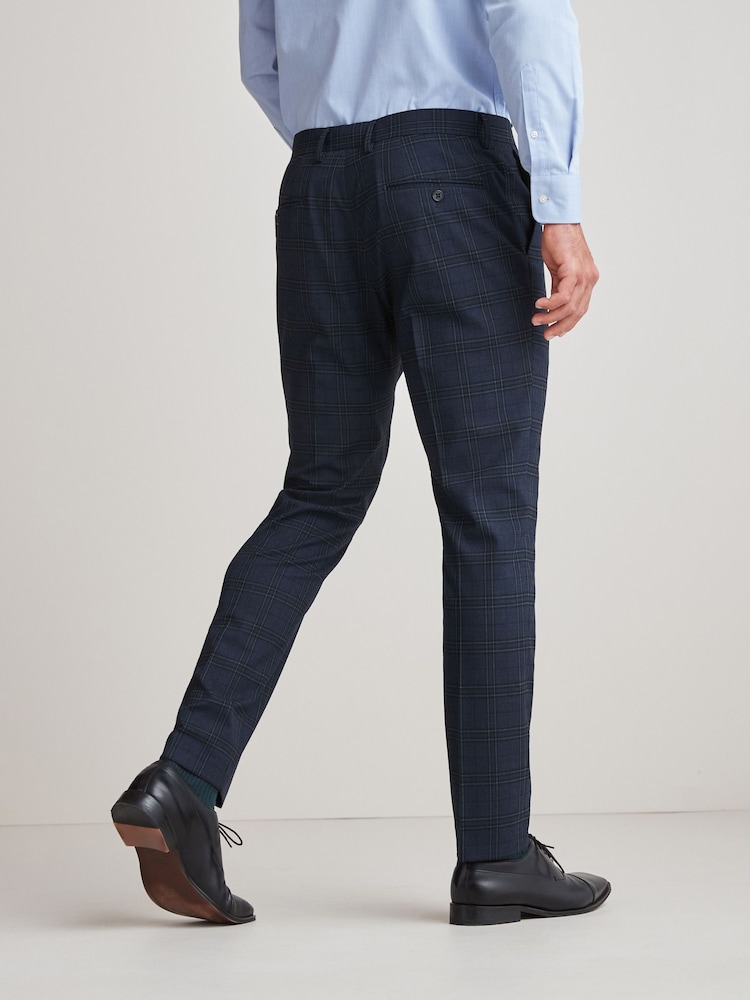 Navy Blue Skinny Fit Check Suit: Trousers - Image 2 of 9