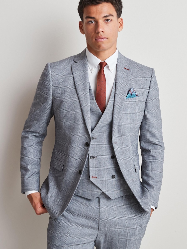 Grey Skinny Fit Flannel Suit Jacket - Image 1 of 13