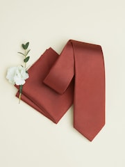 Rust Brown Slim Silk Tie And Pocket Square Set - Image 2 of 6