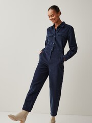 Navy Blue Cord Utility Style Button Through Jumpsuit - Image 1 of 5