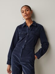 Navy Blue Cord Utility Style Button Through Jumpsuit - Image 3 of 5