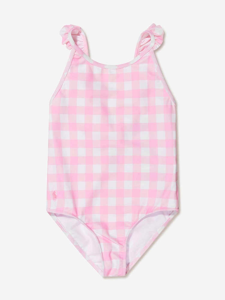 Girls Checked Embroidered Logo Swimsuit in Pink - Image 1 of 1 Girls Checked Embroidered Logo Swimsuit in Pink - Image 1 of 1