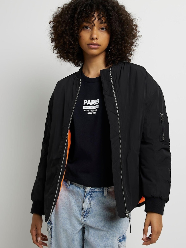 River Island Black Curved Hem Bomber Jacket - Image 1 of 4