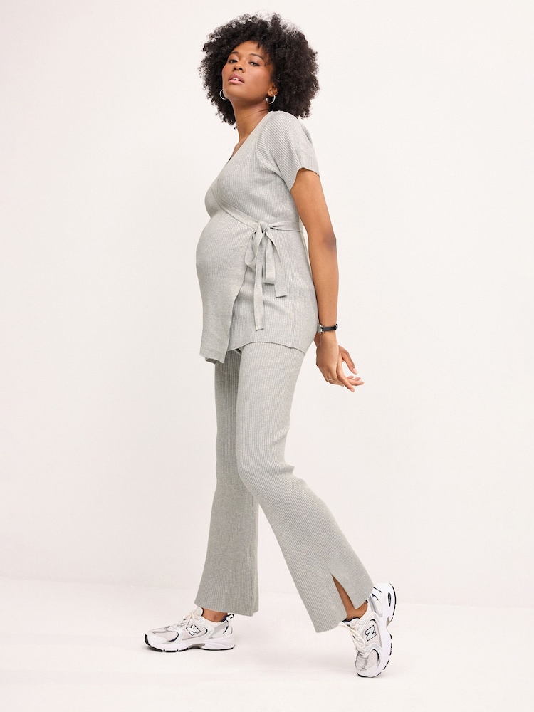 Grey Ribbed Split Hem Trousers - Image 1 of 8