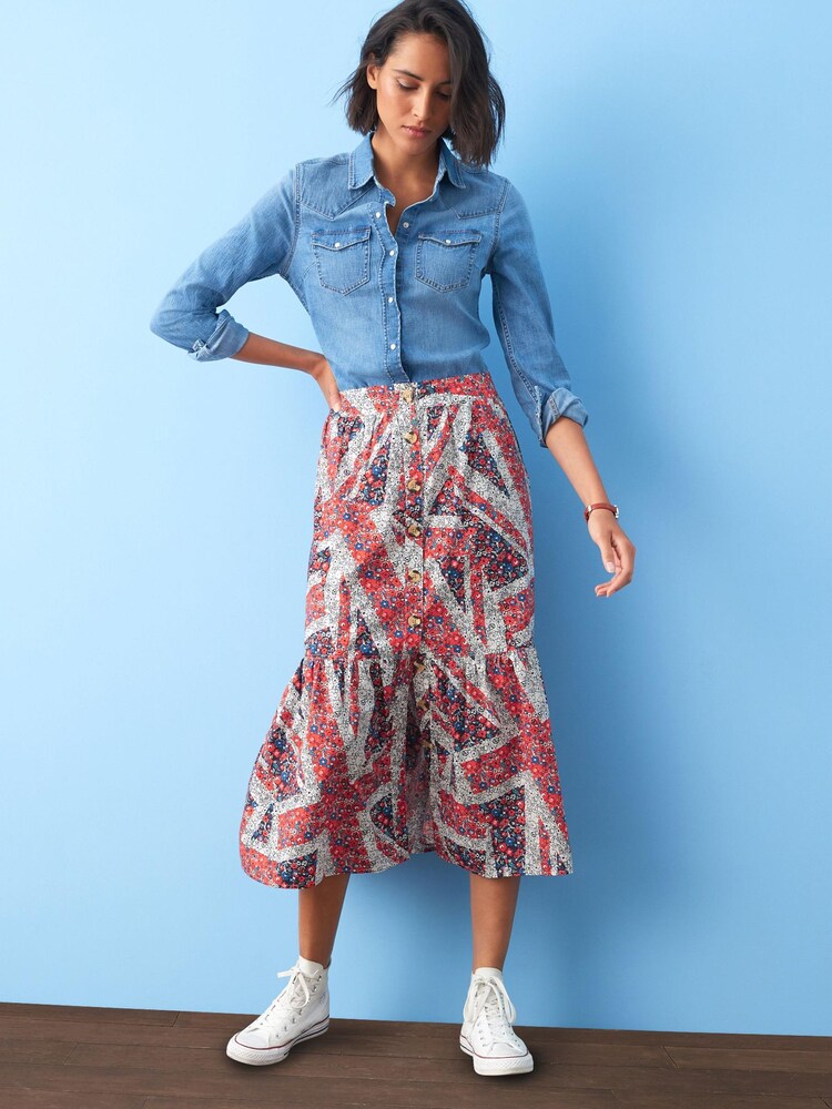 Print Coronation Button Through 100% Cotton Midi Skirt - Image 1 of 6