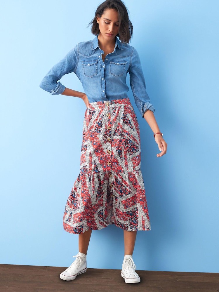 Print Coronation Button Through 100% Cotton Midi Skirt - Image 1 of 6 Print Coronation Button Through 100% Cotton Midi Skirt - Image 1 of 6