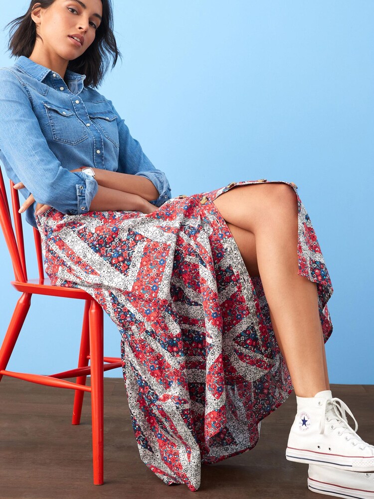 Print Coronation Button Through 100% Cotton Midi Skirt - Image 2 of 6