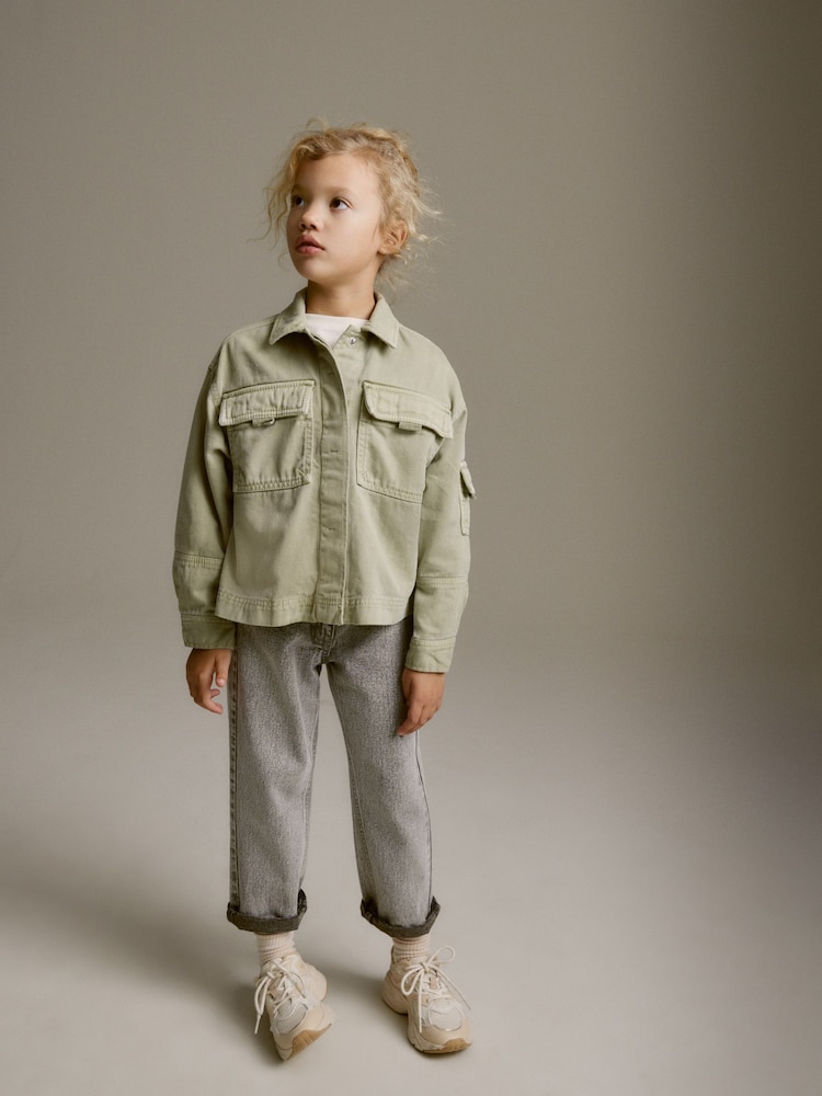Khaki/Green Crop Cotton Shacket (3-16yrs) - Image 1 of 8