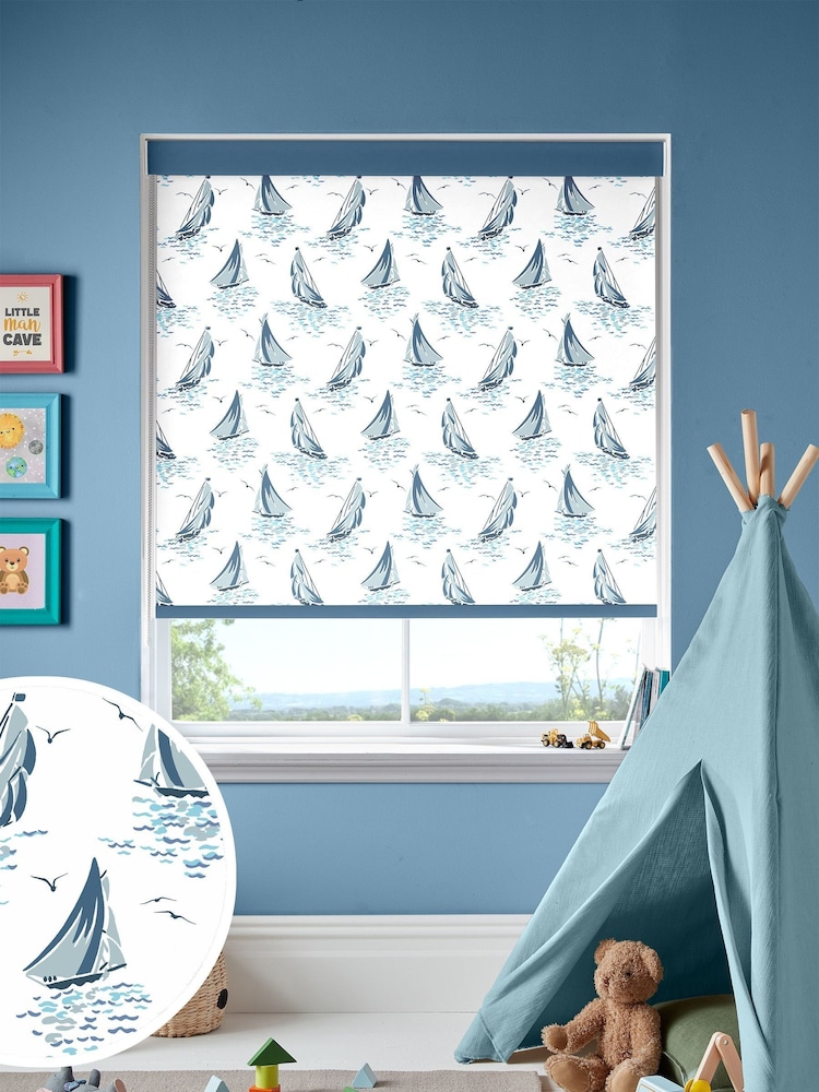 Laura Ashley Dark Seaspray Blue Ahoy Sail Boats Made To Measure Roller Blind - Image 1 of 6