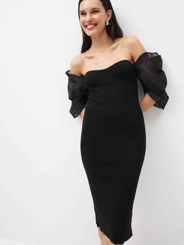 Black Off the Shoulder Puff Sleeve Midi Jumper Dress - Image 1 of 5