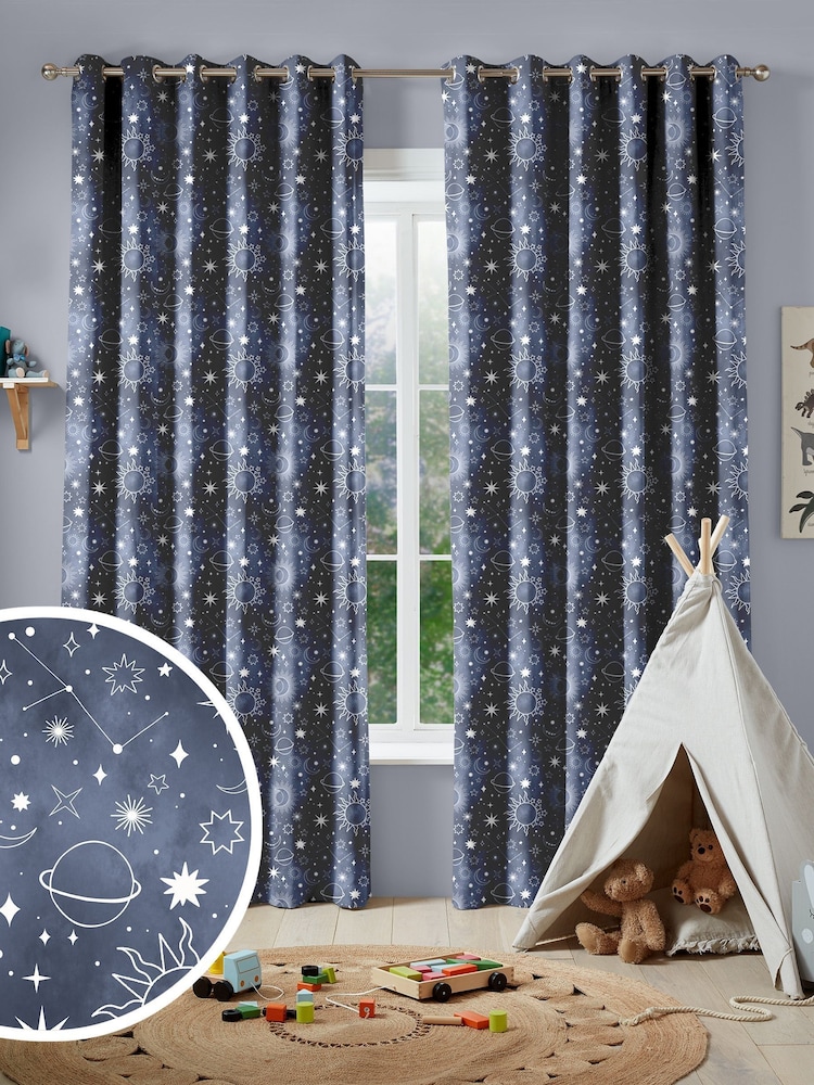 Ink Blue Kids Space And Moon Made To Measure Curtains - Image 1 of 9