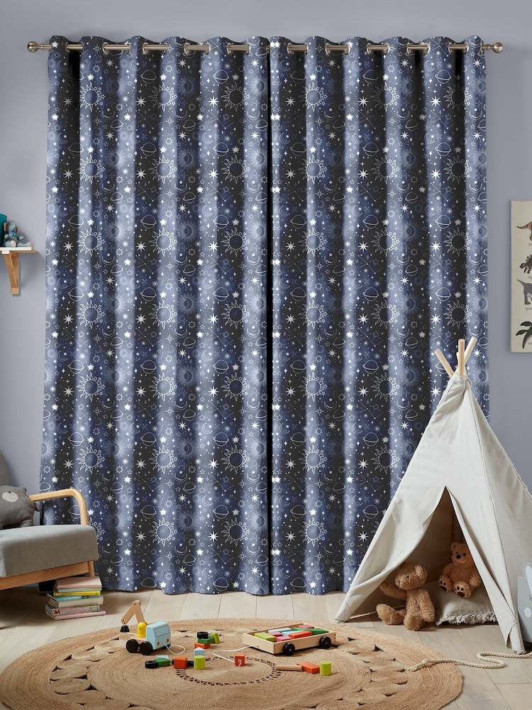 Ink Blue Kids Space And Moon Made To Measure Curtains - Image 2 of 9