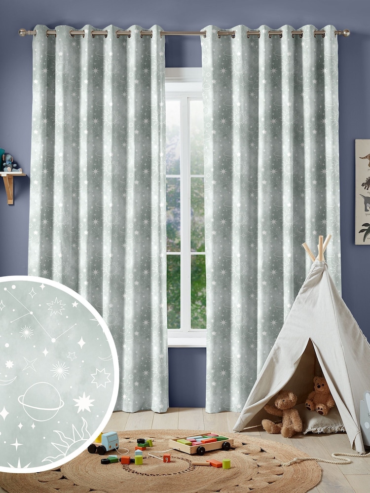 Sage Green Kids Space And Moon Made To Measure 100% Cotton Curtains - Image 1 of 9