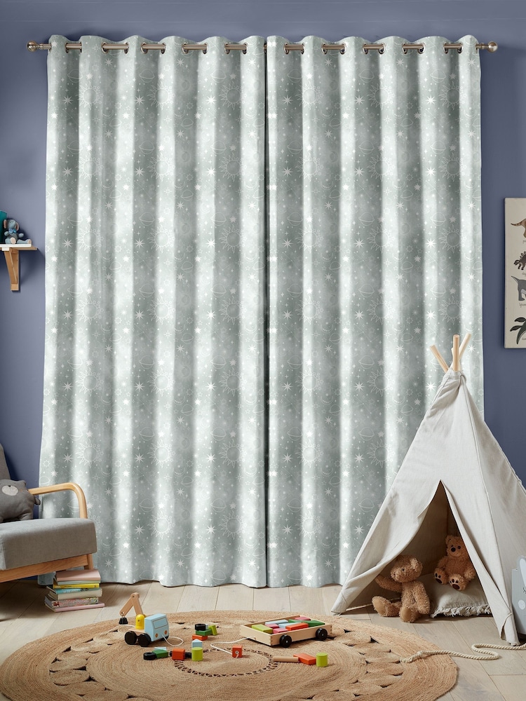 Sage Green Kids Space And Moon Made To Measure 100% Cotton Curtains - Image 2 of 9