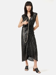 Jigsaw Sequin Ruched Midi Black Dress - Image 1 of 7