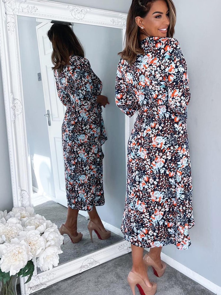 AX Paris Blue Floral Wrap Tie Front Midi Dress - Image 2 of 4