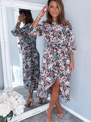 AX Paris Blue Floral Wrap Tie Front Midi Dress - Image 3 of 4
