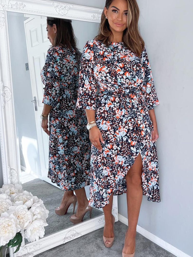 AX Paris Blue Floral Wrap Tie Front Midi Dress - Image 4 of 4