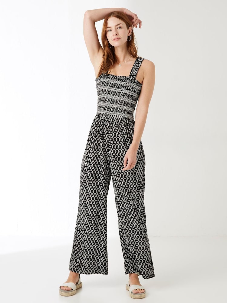 FatFace Black Shirred Spirit Geo Beach Jumpsuit - Image 1 of 4