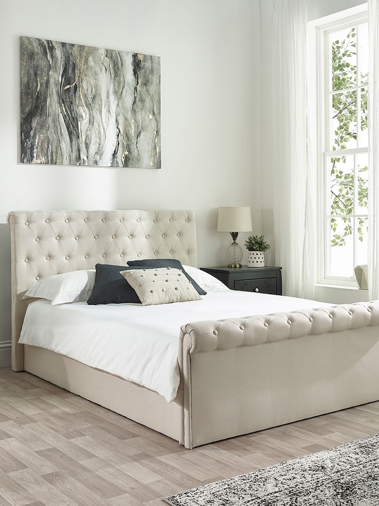 Aspire Furniture Oyster Linen look Chesterfield Storage Side Lift Ottoman Storage Bed - Image 1 of 5