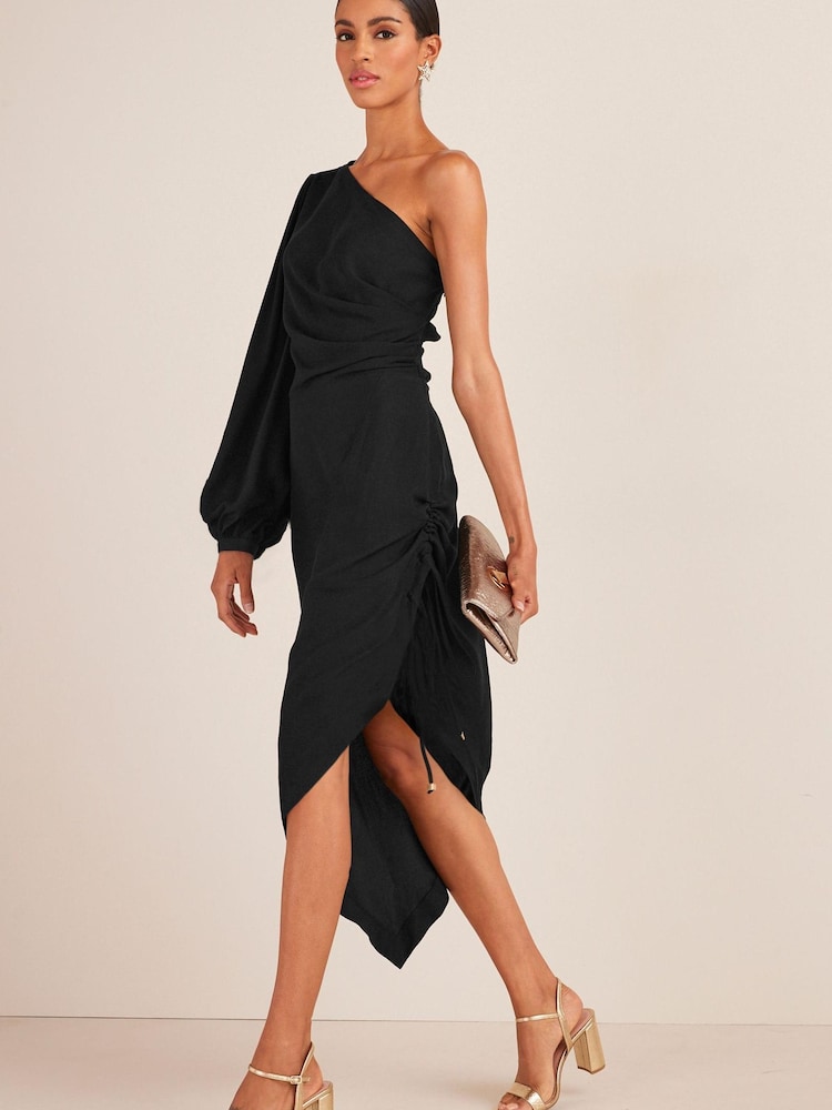 Schwarz - Rüschen-Midikleid mit One-Shoulder-Design - Bild 1 von 5 Schwarz - Rüschen-Midikleid mit One-Shoulder-Design - Bild 1 von 5