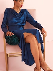 Navy Blue Satin Cowl Neck Midi Dress - Image 1 of 5