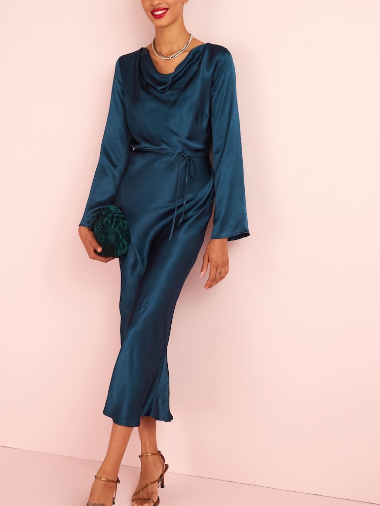 Navy Blue Satin Cowl Neck Midi Dress - Image 2 of 5