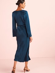 Navy Blue Satin Cowl Neck Midi Dress - Image 3 of 5