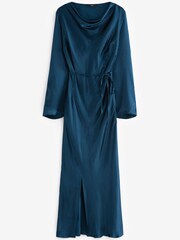 Navy Blue Satin Cowl Neck Midi Dress - Image 5 of 5