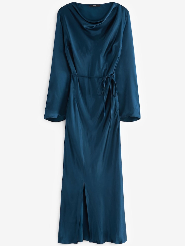 Navy Blue Satin Cowl Neck Midi Dress - Image 5 of 5