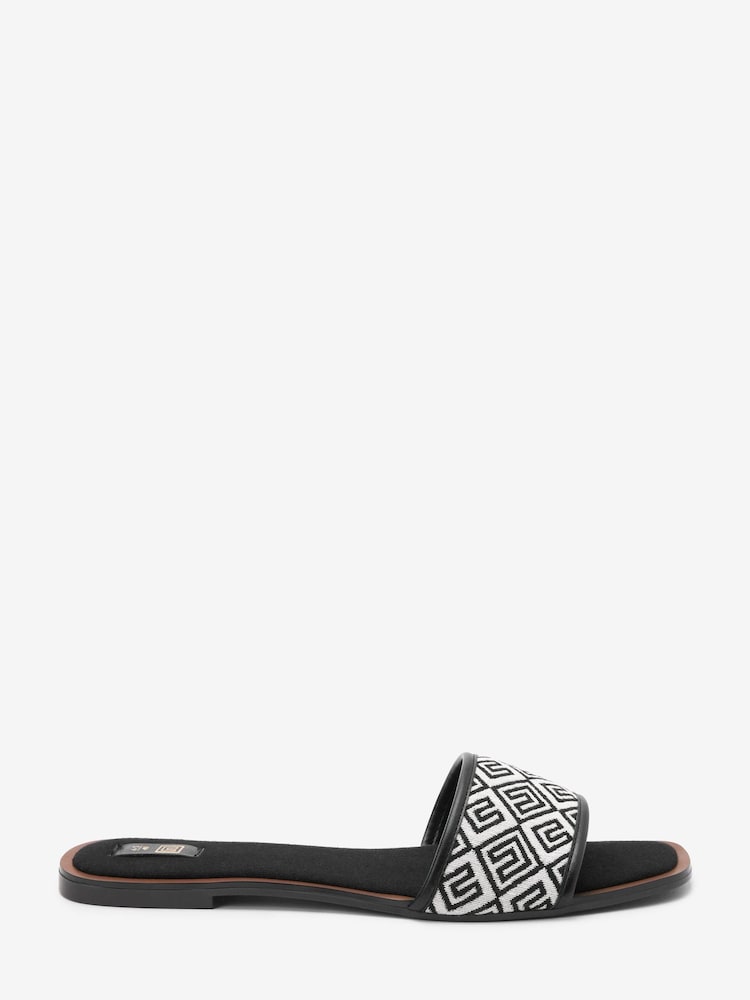 Black/White Jacquard Monogram Flat Mule Sandals - Image 1 of 4 Black/White Jacquard Monogram Flat Mule Sandals - Image 1 of 4