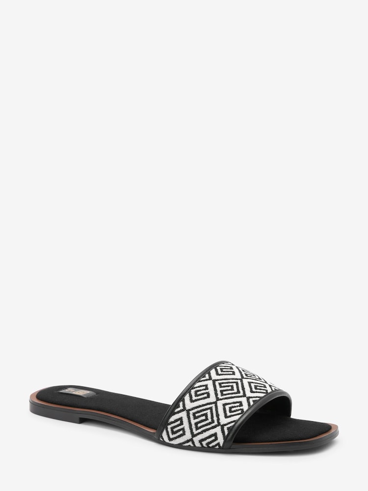 Black/White Jacquard Monogram Flat Mule Sandals - Image 2 of 4