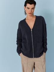 Navy Blue Pocket Detail Zip Through Cardigan - Image 1 of 6