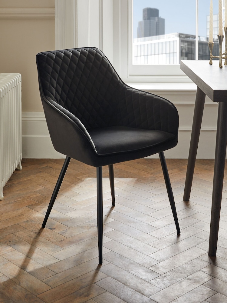 Set of 2 Soft Velvet Black Hamilton Black Leg Quilted Dining Chairs - Image 2 of 10