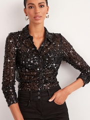 Black Sequin Next Ruched Front Long Sleeve Shirt - Image 1 of 5