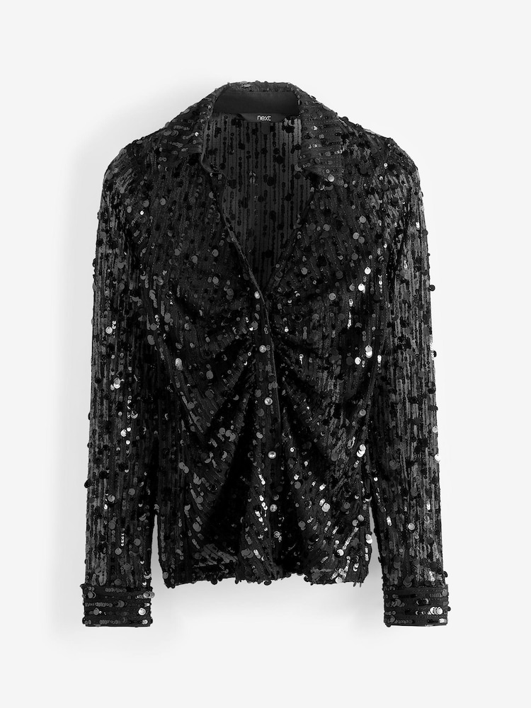 Black Sequin Next Ruched Front Long Sleeve Shirt - Image 5 of 5
