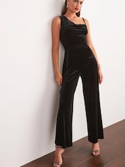 Black Velvet One Shoulder Wide Leg Jumpsuit - Image 2 of 5