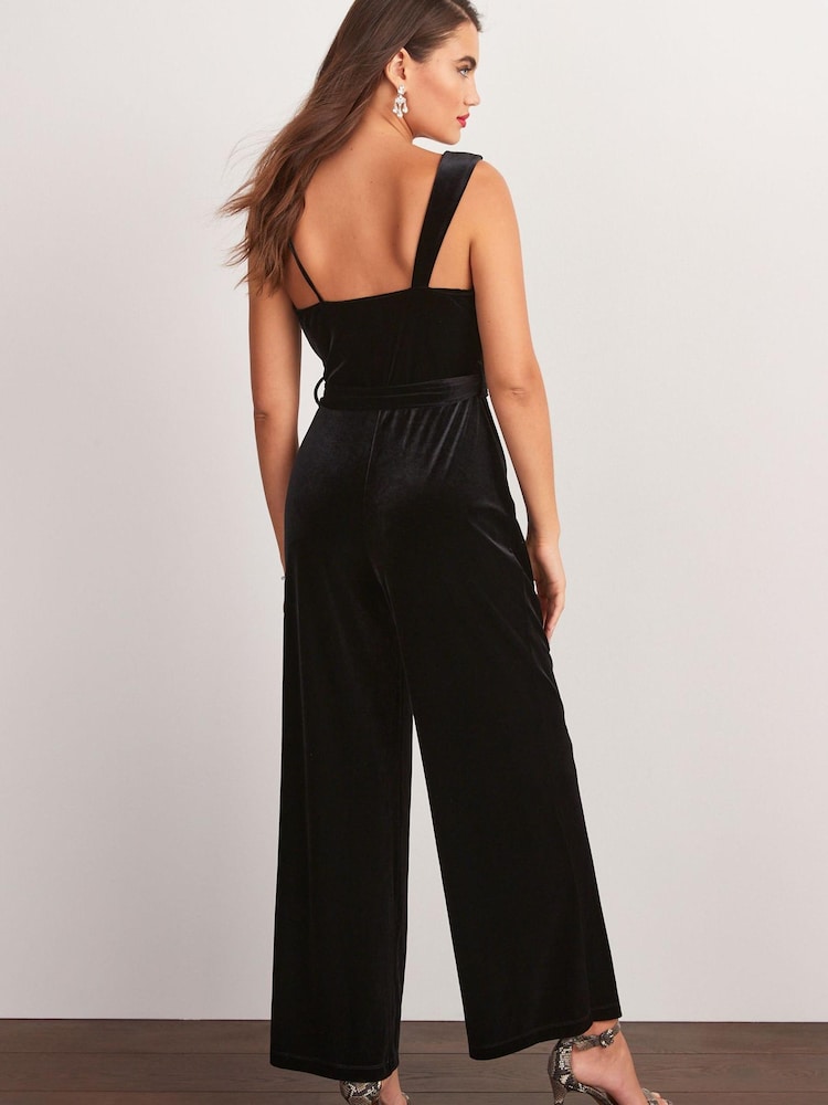Black Velvet One Shoulder Wide Leg Jumpsuit - Image 3 of 5