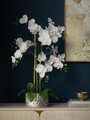 White Large Artificial Real Touch Orchid Plant In Silver Pot - Image 1 of 5