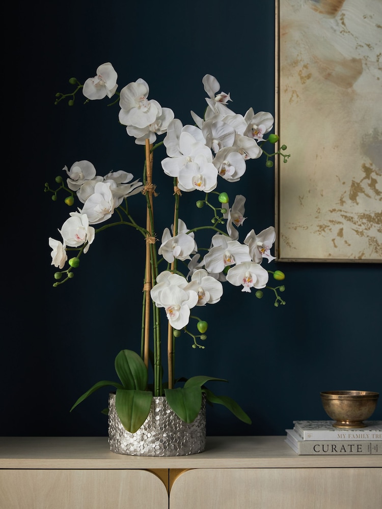 White Large Artificial Real Touch Orchid Plant In Silver Pot - Image 1 of 5