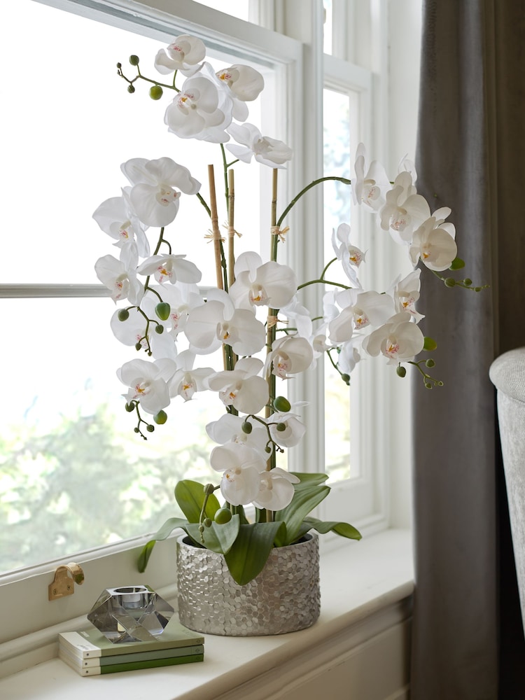 White Large Artificial Real Touch Orchid Plant In Silver Pot - Image 3 of 5