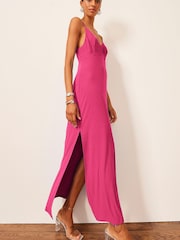 Pink Satin Slip V-Neck Sleeveless Midi Dress - Image 1 of 4