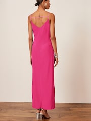 Pink Satin Slip V-Neck Sleeveless Midi Dress - Image 2 of 4